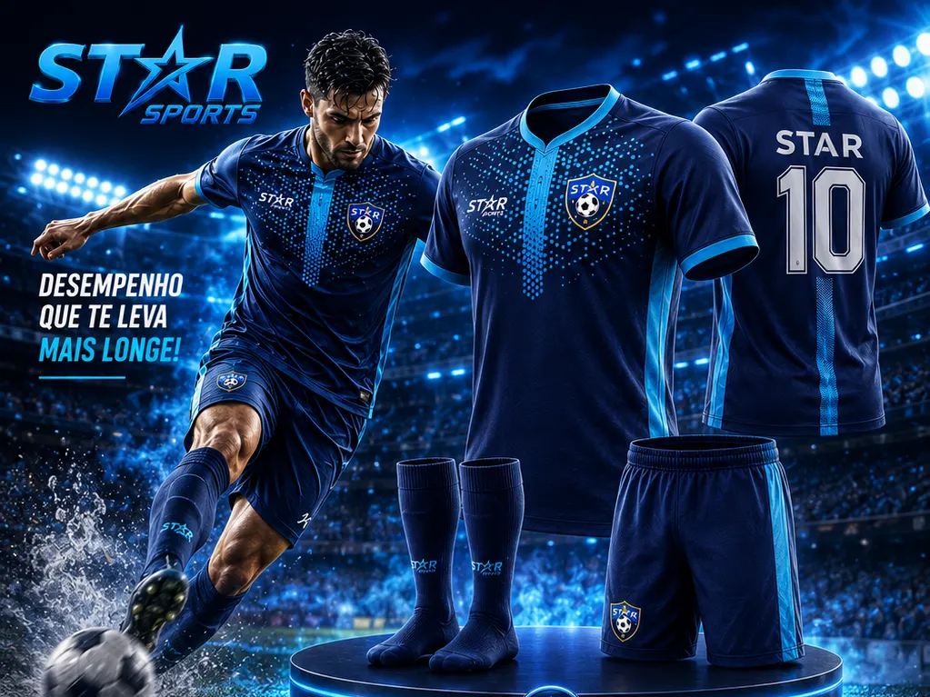 Atleta e kit completo Star Sports: camisa, calção e meião personalizados